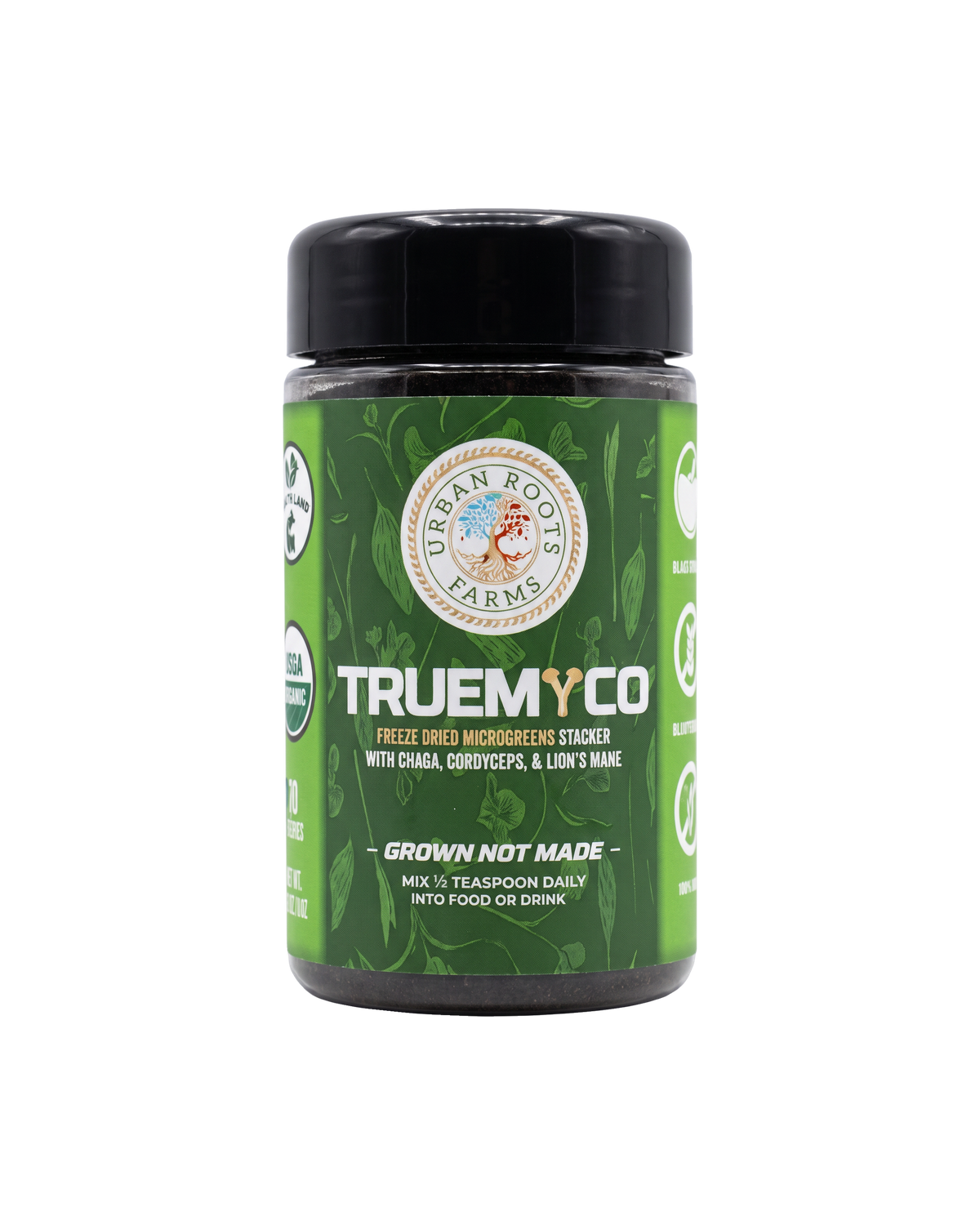 TrueMyco jar, microgreens and functional mushrooms